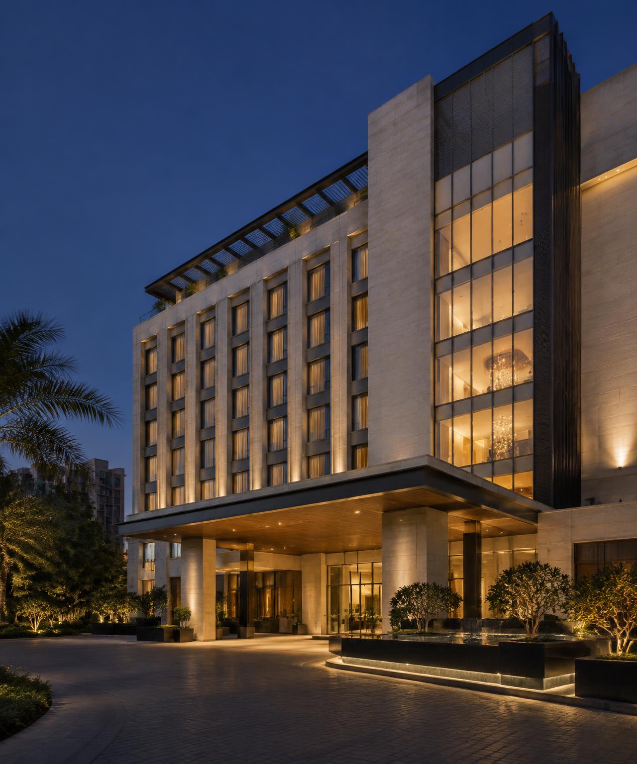 Contemporary hotel building at dusk with illuminated lobby
